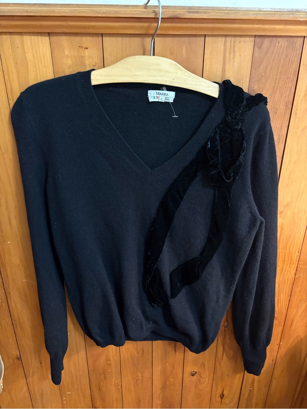 Black V-Neck Sweater with Velvet Bow -